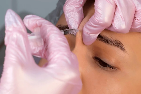 Close-up of Dysport injection for frown line filler treatment to smooth wrinkles and achieve a youthful forehead appearance